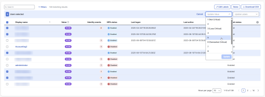 Click to enlarge Users table with bulk action bar, showing 'Update Value' drop-down with numerical options.