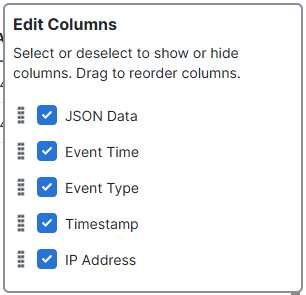 Edit Columns modal showing options to select and reorder columns for device events.