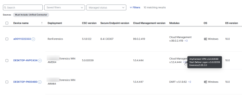 Table displaying client device details, including deployment modules with XDR Forensics.