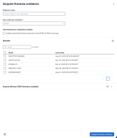 Acquire forensic evidence form: fields for name, data template, analysis options, and asset list.