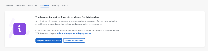 Cisco XDR Analytics incident evidence tab: Forensic evidence not acquired for a ransomware incident.