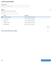 Launch remote shell drawer. Assets list with one selected. Forensics module not enabled on 5 assets.