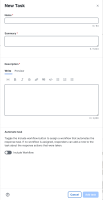 New Task form with fields for Name, Summary, Description, and an 'Include Workflow' toggle. Actions: Cancel, Add task.