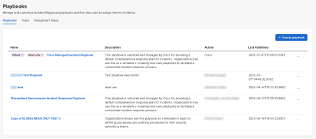 Interface for managing and customizing incident response playbooks, showing names, descriptions, and authors.
