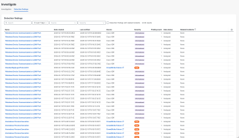 Security detection findings table with filters for time, source, severity. Displays 305 results.