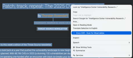 Context menu for IP addresses contacted by malware, featuring a 'Cisco XDR' investigation option.